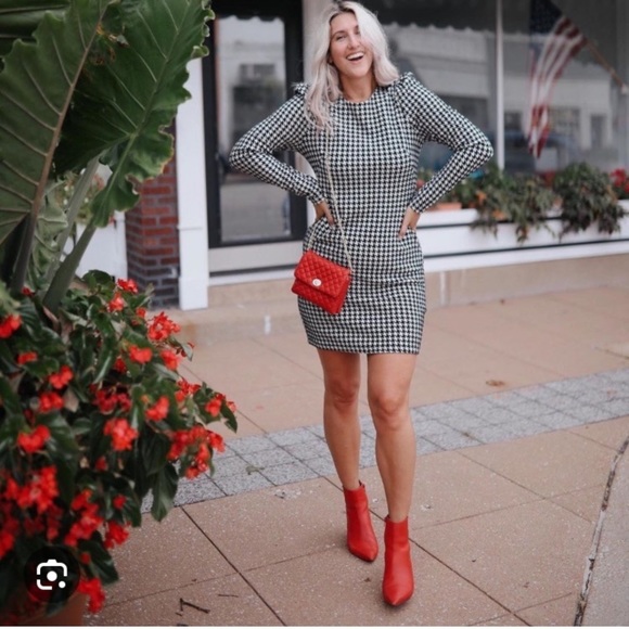 Who what wear houndstooth puff sleeve dress long sleeve structured shoulder M - Picture 1 of 3